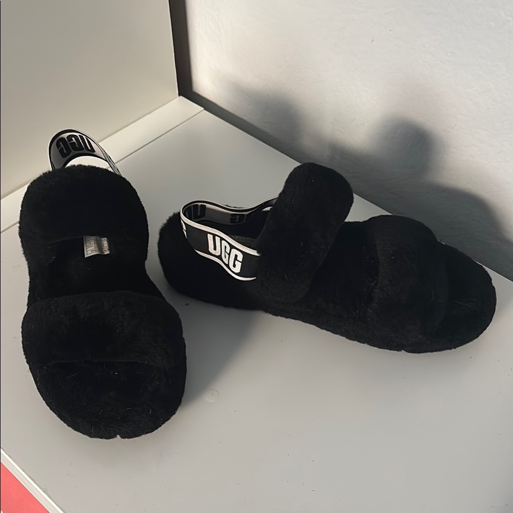 UGG Black Fluffy Sandals (never worn)